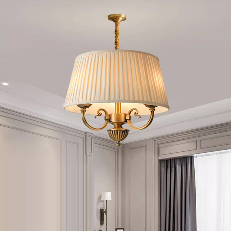 Traditional Vintage Round Cylindrical Copper Fabric 3-Light Pendant Light For Bedroom