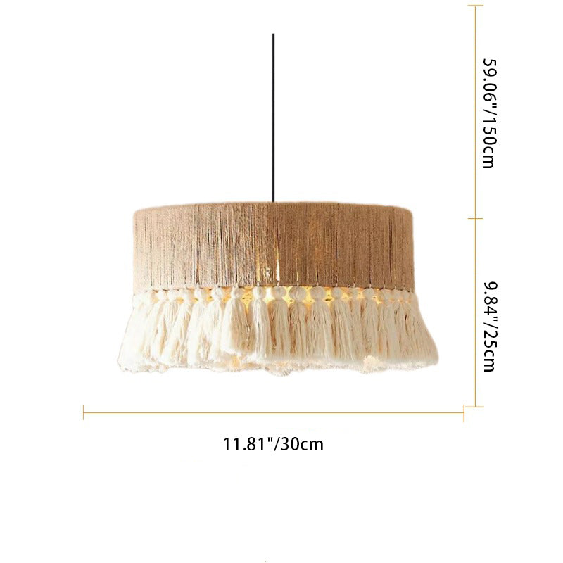 Zeitgenössische Boho Quaste Zylinder Runde Hanf Seil Baumwolle Embryo Garn 1-Licht Pendelleuchte für Schlafzimmer 