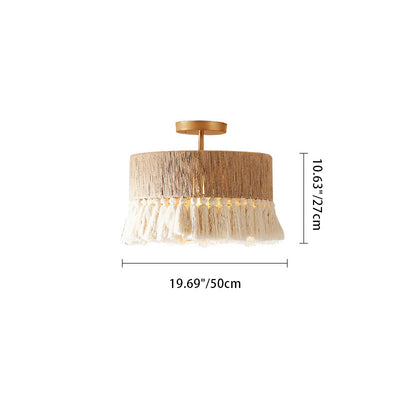 Contemporary Boho Tassel Cylinder Round Hemp Rope Cotton Embryo Yarn 1- Light Semi-Flush Mount Ceiling Light For Bedroom