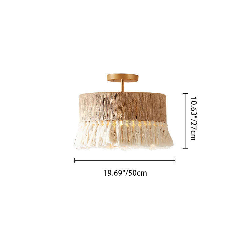 Contemporary Boho Tassel Cylinder Round Hemp Rope Cotton Embryo Yarn 1- Light Semi-Flush Mount Ceiling Light For Bedroom
