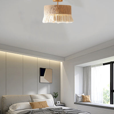 Contemporary Boho Tassel Cylinder Round Hemp Rope Cotton Embryo Yarn 1- Light Semi-Flush Mount Ceiling Light For Bedroom