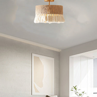 Contemporary Boho Tassel Cylinder Round Hemp Rope Cotton Embryo Yarn 1- Light Semi-Flush Mount Ceiling Light For Bedroom