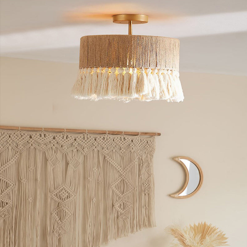 Lustre semi-encastré contemporain Boho à pampilles cylindrique rond en corde de chanvre et fil de coton embryonnaire 1 lumière pour chambre 