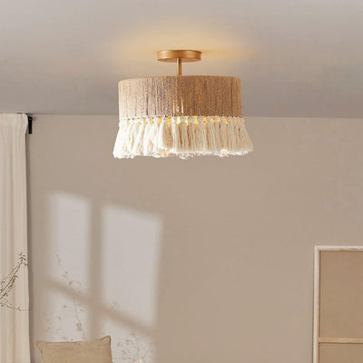 Contemporary Boho Tassel Cylinder Round Hemp Rope Cotton Embryo Yarn 1- Light Semi-Flush Mount Ceiling Light For Bedroom