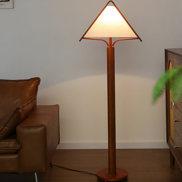 Traditional Vintage Round Cone Teak Cotton Fabric 1-Light Standing Floor Lamp For Living Room