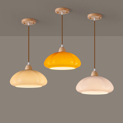 Zeitgenössische skandinavische Persimmon Runde Kegel Eiche Glas 1-Licht Pendelleuchte für Schlafzimmer 