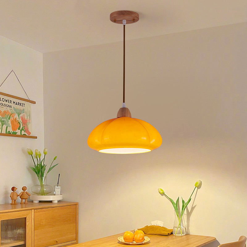 Zeitgenössische skandinavische Persimmon Runde Kegel Eiche Glas 1-Licht Pendelleuchte für Schlafzimmer 