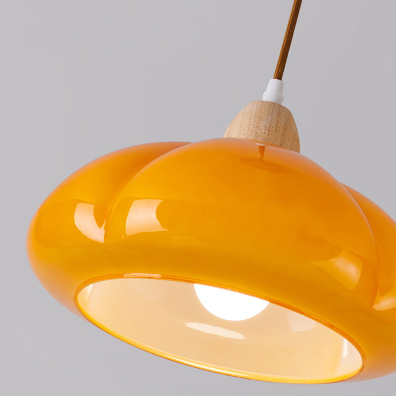 Zeitgenössische skandinavische Persimmon Runde Kegel Eiche Glas 1-Licht Pendelleuchte für Schlafzimmer 