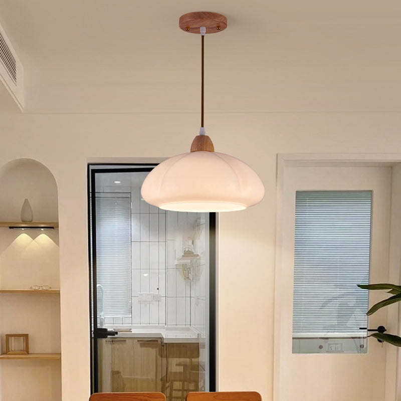 Zeitgenössische skandinavische Persimmon Runde Kegel Eiche Glas 1-Licht Pendelleuchte für Schlafzimmer 