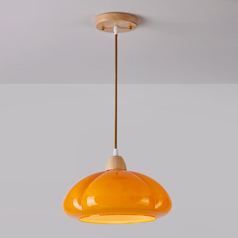 Zeitgenössische skandinavische Persimmon Runde Kegel Eiche Glas 1-Licht Pendelleuchte für Schlafzimmer 