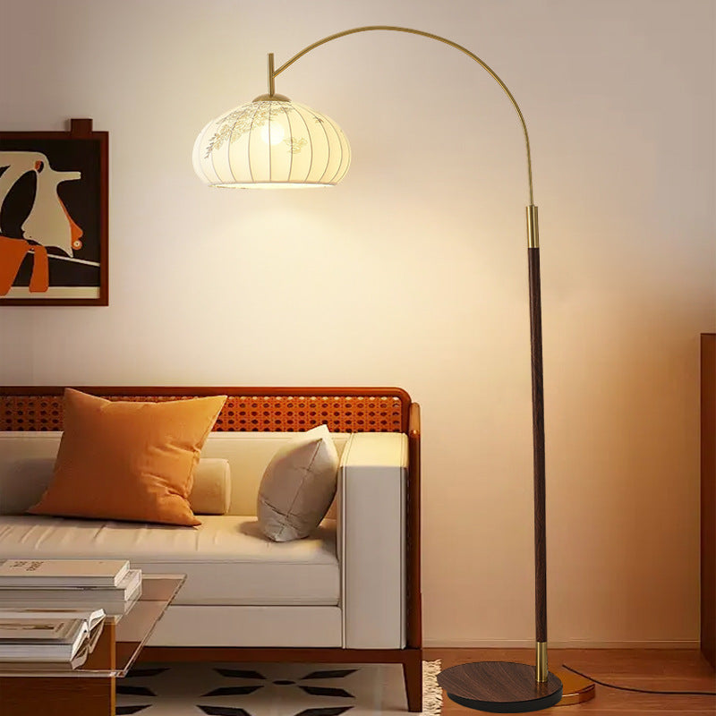 Lampe de sol traditionnelle chinoise ronde ovale en tissu de fer à 1 lumière pour salon 