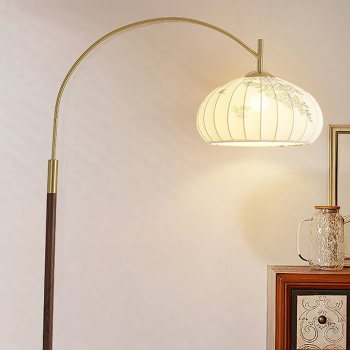 Lampe de sol traditionnelle chinoise ronde ovale en tissu de fer à 1 lumière pour salon 