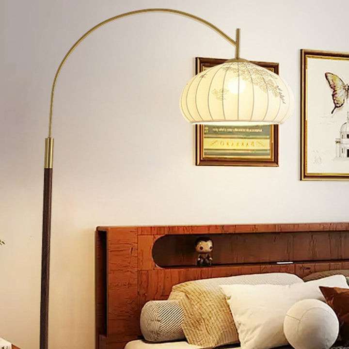 Lampe de sol traditionnelle chinoise ronde ovale en tissu de fer à 1 lumière pour salon 