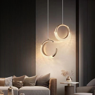 Lustre LED en acrylique avec anneau de luxe moderne lune ronde en matériel d'aluminium pour chambre à coucher 