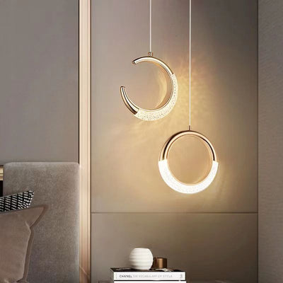Lustre LED en acrylique avec anneau de luxe moderne lune ronde en matériel d'aluminium pour chambre à coucher 