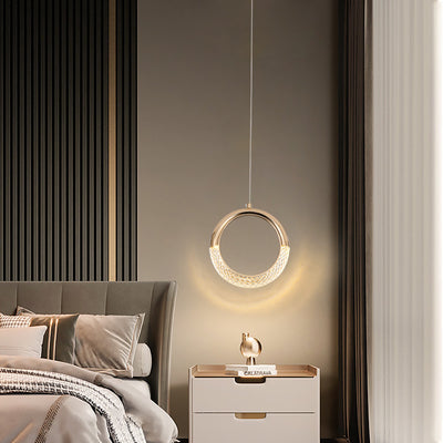 Lustre LED en acrylique avec anneau de luxe moderne lune ronde en matériel d'aluminium pour chambre à coucher 