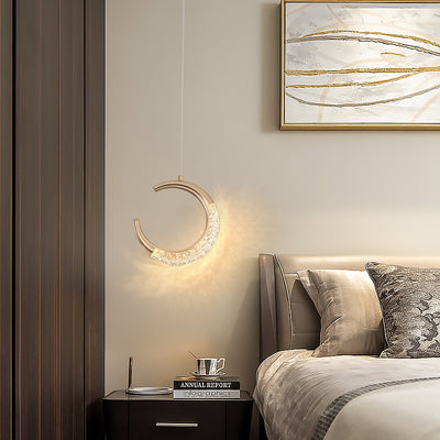 Lustre LED en acrylique avec anneau de luxe moderne lune ronde en matériel d'aluminium pour chambre à coucher 