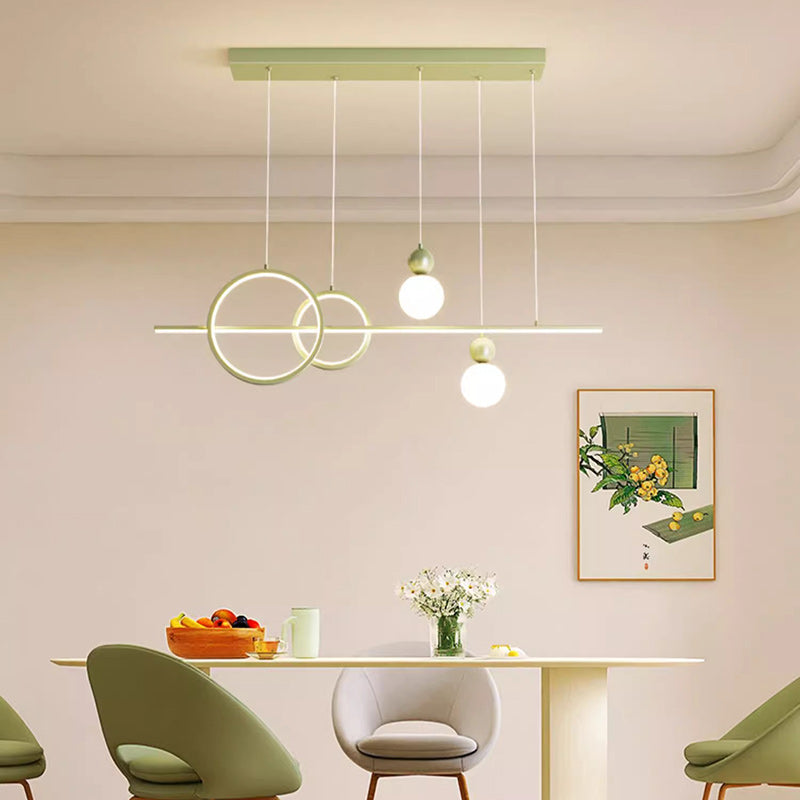 Suspension LED contemporaine scandinave crème linéaire ronde orbe en fer moulé par rotation pour salle à manger 