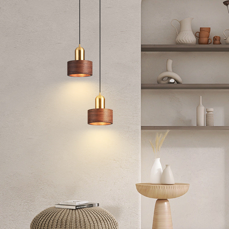 Suspension Luminaire Contemporain Scandinave Cylindre Rond en Noyer et Cuivre 1-Lumière Pour Chambre 