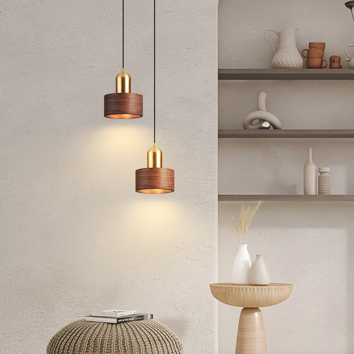 Suspension Luminaire Contemporain Scandinave Cylindre Rond en Noyer et Cuivre 1-Lumière Pour Chambre 