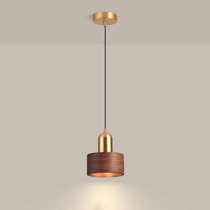 Suspension Luminaire Contemporain Scandinave Cylindre Rond en Noyer et Cuivre 1-Lumière Pour Chambre 