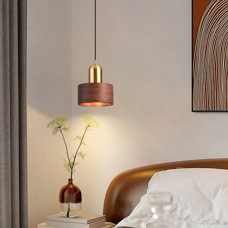 Suspension Luminaire Contemporain Scandinave Cylindre Rond en Noyer et Cuivre 1-Lumière Pour Chambre 