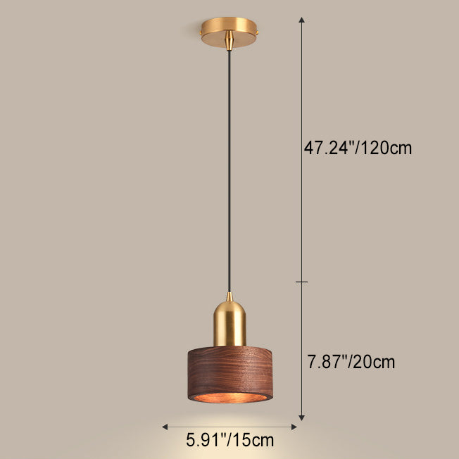 Suspension Luminaire Contemporain Scandinave Cylindre Rond en Noyer et Cuivre 1-Lumière Pour Chambre 