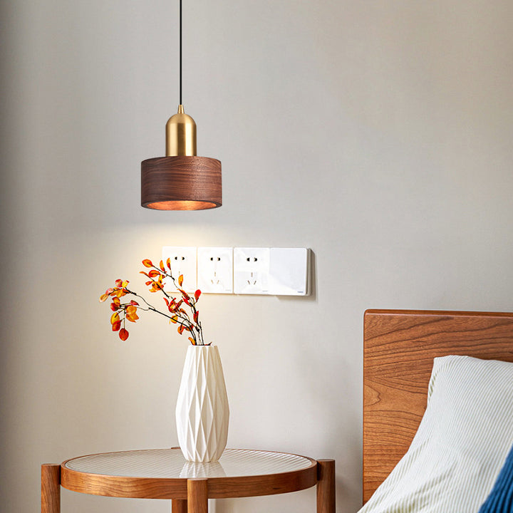 Suspension Luminaire Contemporain Scandinave Cylindre Rond en Noyer et Cuivre 1-Lumière Pour Chambre 