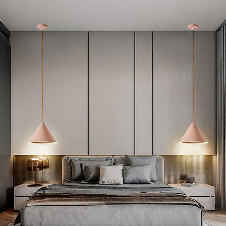 Zeitgenössische skandinavische Macaron Runde Kegel Eisen LED Pendelleuchte für Schlafzimmer 
