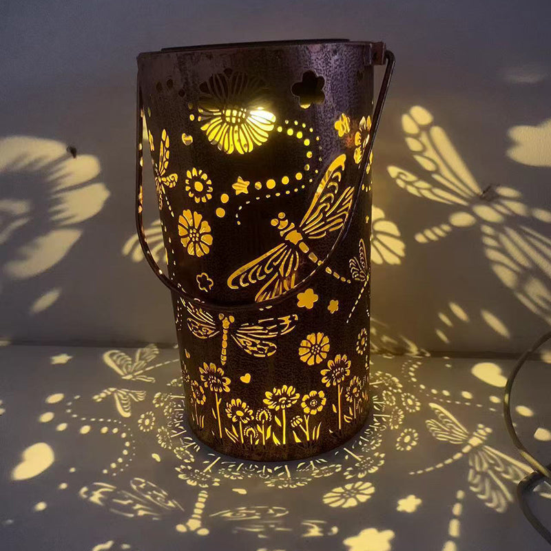 Lumière extérieure LED en fer avec motif de feuille et libellule, cylindre creux étanche et créatif contemporain pour jardin 