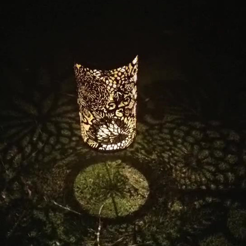 Lumière extérieure LED en fer avec motif de feuille et libellule, cylindre creux étanche et créatif contemporain pour jardin 