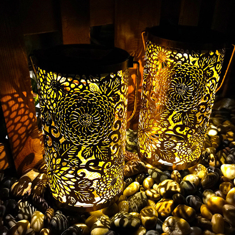 مصباح خارجي LED على شكل أسطوانة مجوفة مقاوم للماء مع تصميم أوراق وزهرة اليعسوب مصنوع من الحديد للحديقة 