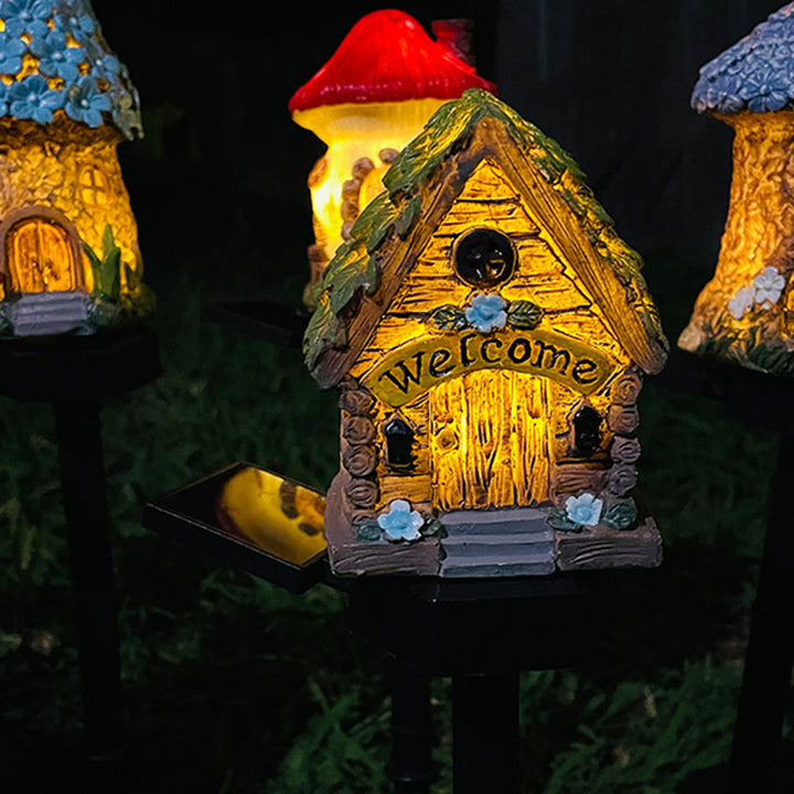Moderno Arte Deco Solar Impermeable Casa Lindo Dibujos Animados Resina Plástica LED Luz Exterior Para Jardín 