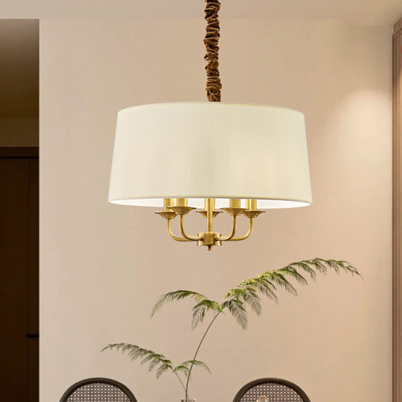 Traditional Rustic Round Cylinder Copper Fabric 5/6 Light Pendant Light For Bedroom