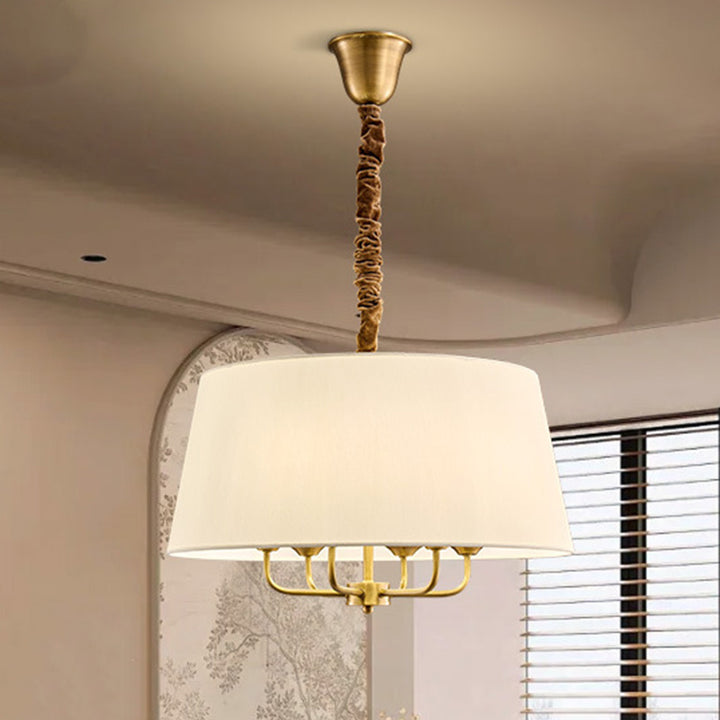 Traditional Rustic Round Cylinder Copper Fabric 5/6 Light Pendant Light For Bedroom