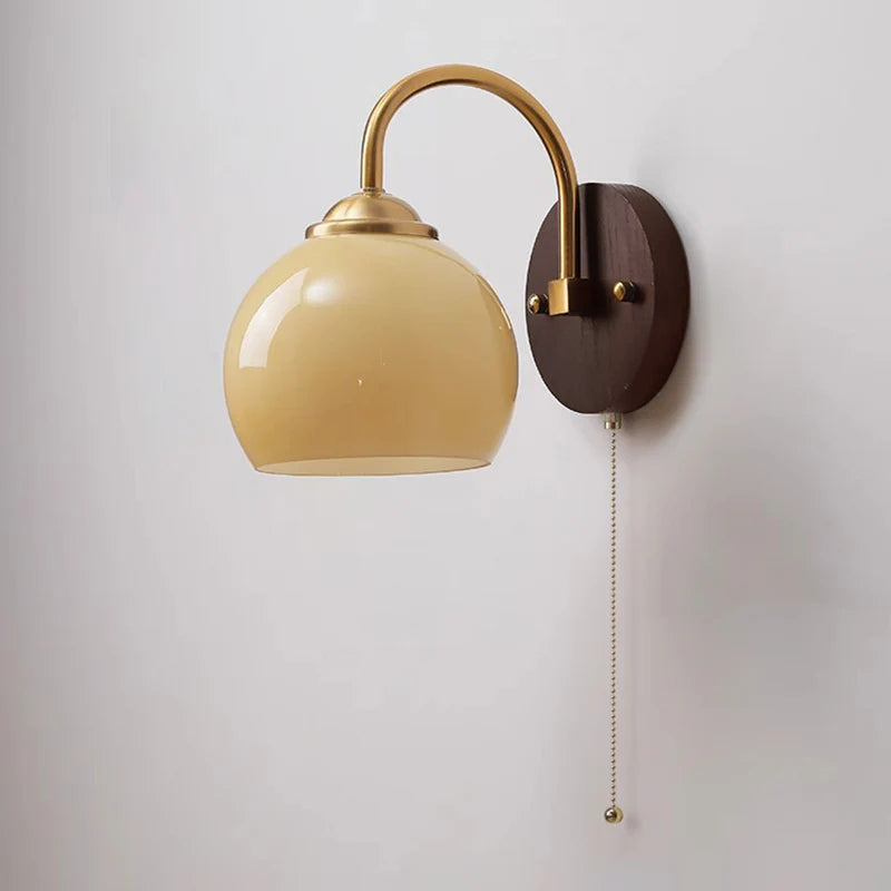 Modern Mid-Century Cream Round Oval Ash Wood Glass 1-Light Wall Sconce Lamp For Bedroom
