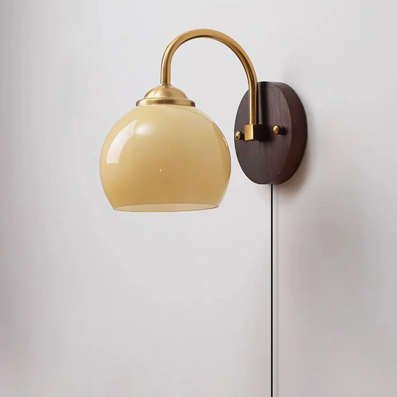 Modern Mid-Century Cream Round Oval Ash Wood Glass 1-Light Wall Sconce Lamp For Bedroom