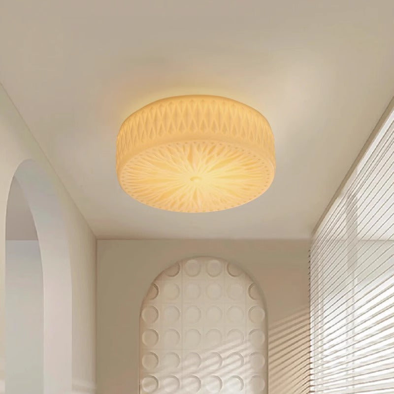 Modern Mid-Century Cream Round Cylinder Dome Iron Glass LED Flush Mount Ceiling Light For Bedroom