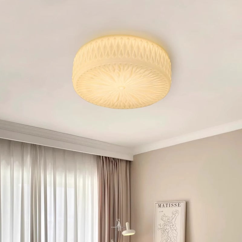 Modern Mid-Century Cream Round Cylinder Dome Iron Glass LED Flush Mount Ceiling Light For Bedroom