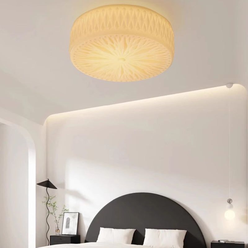 Modern Mid-Century Cream Round Cylinder Dome Iron Glass LED Flush Mount Ceiling Light For Bedroom