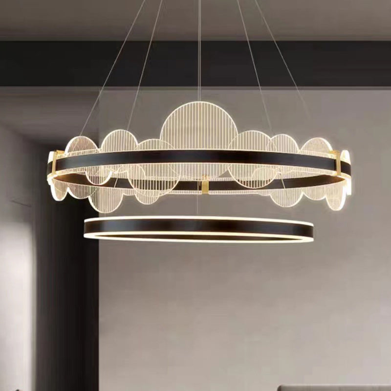 Lustre LED en aluminium acrylique rond double cercle moderne de luxe pour chambre 