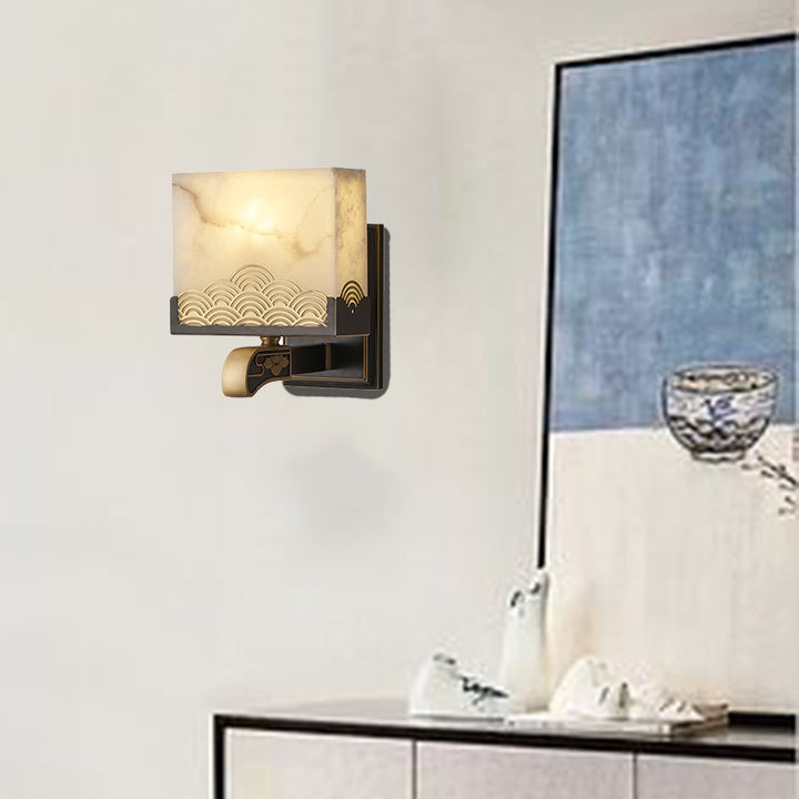 Applique murale traditionnelle chinoise carrée en cuivre et marbre à 1 lumière pour chambre à coucher 