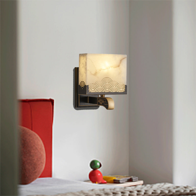Applique murale traditionnelle chinoise carrée en cuivre et marbre à 1 lumière pour chambre à coucher 