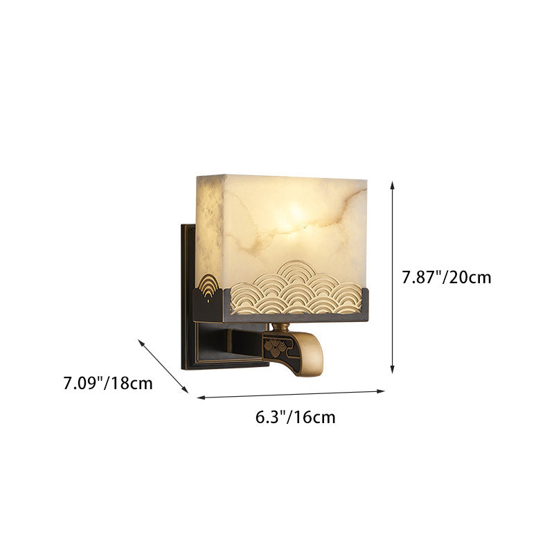 Applique murale traditionnelle chinoise carrée en cuivre et marbre à 1 lumière pour chambre à coucher 