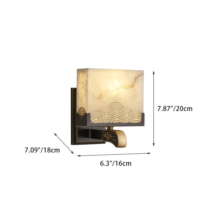 Applique murale traditionnelle chinoise carrée en cuivre et marbre à 1 lumière pour chambre à coucher 