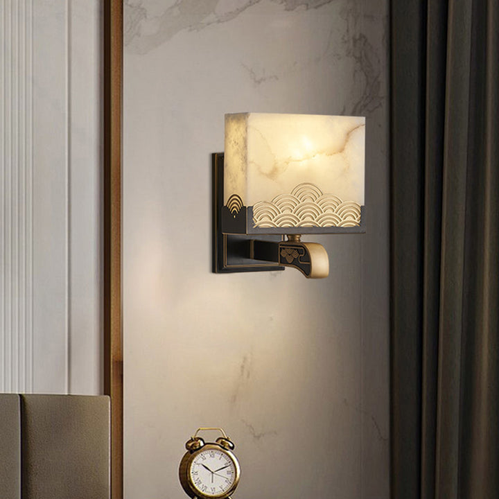 Applique murale traditionnelle chinoise carrée en cuivre et marbre à 1 lumière pour chambre à coucher 