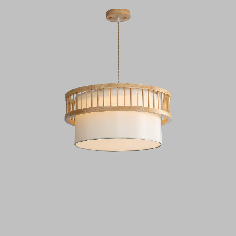 Suspension lumineuse traditionnelle japonaise en bois de caoutchouc en forme de cylindre rond avec tissu 1 lumière pour salle à manger 