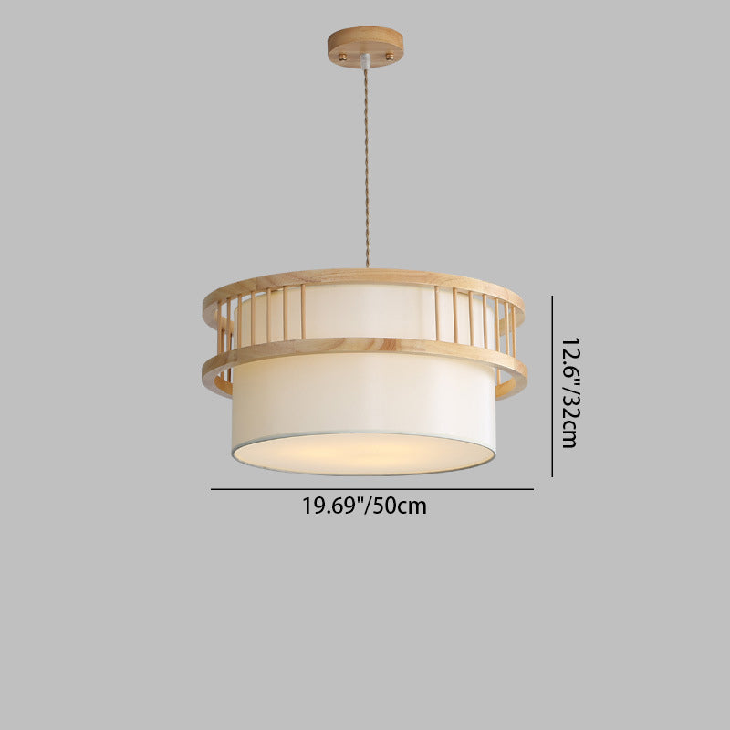 Suspension lumineuse traditionnelle japonaise en bois de caoutchouc en forme de cylindre rond avec tissu 1 lumière pour salle à manger 