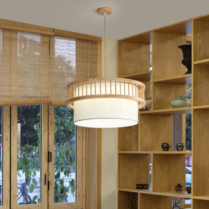 Suspension lumineuse traditionnelle japonaise en bois de caoutchouc en forme de cylindre rond avec tissu 1 lumière pour salle à manger 