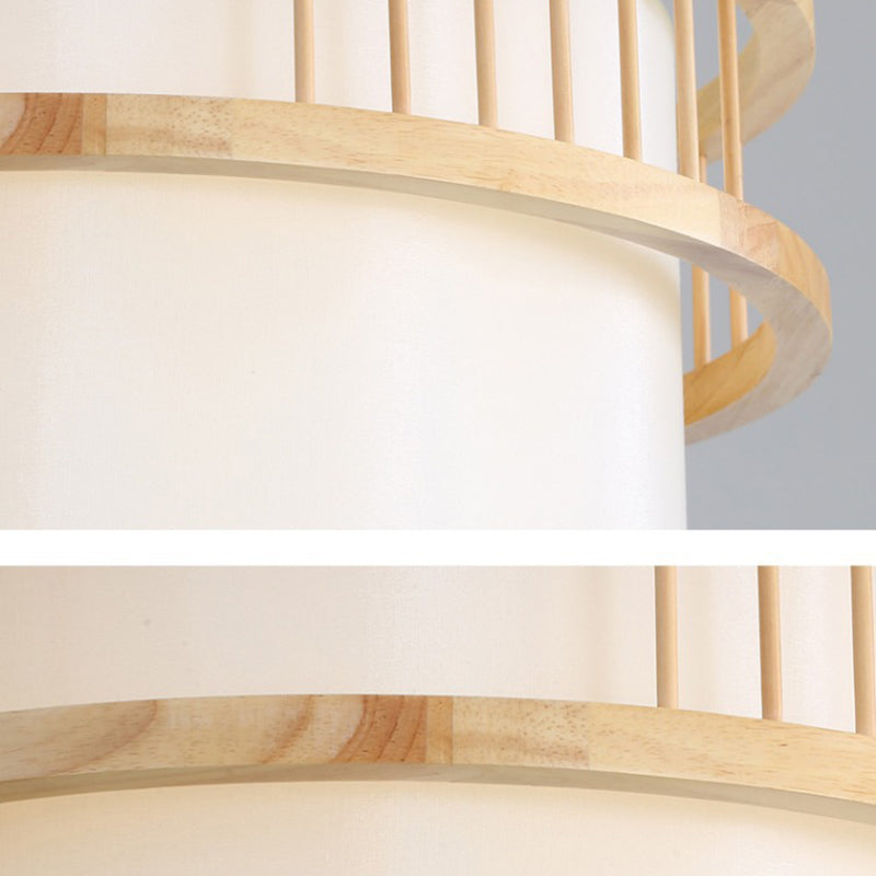 Suspension lumineuse traditionnelle japonaise en bois de caoutchouc en forme de cylindre rond avec tissu 1 lumière pour salle à manger 